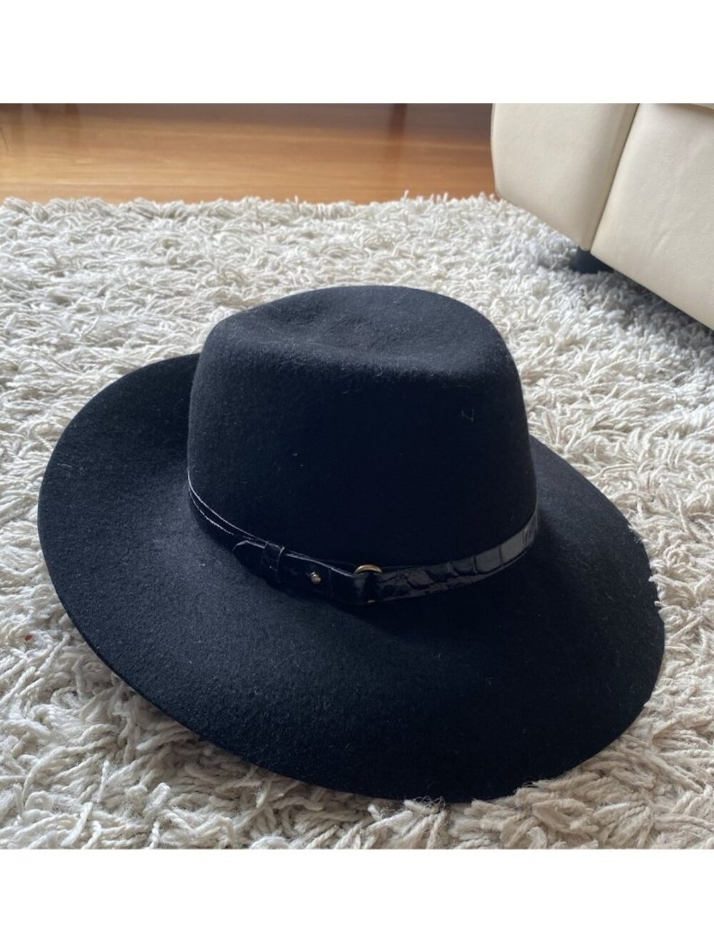Eric Javits New York Black Hat Wool Fedora Crocodile Embossed Leather Band - Picture 2 of 12